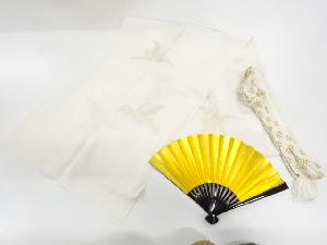 リサイクル　正絹　鶴模様織出し帯揚げ・帯締めセット（扇子付）